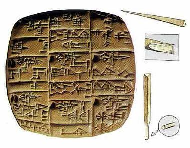Caracteres cuneiformes sobre tableta sumeria en arcilla y caña.