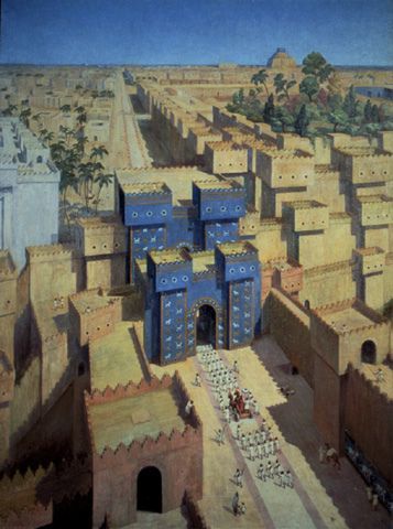 Recontrucción ideal de la Puerta de Istar (o Ishtar); una de las 8 puertas monumentales de la muralla interior de Babilonia, a través de la cual se accedía al templo de Marduk.