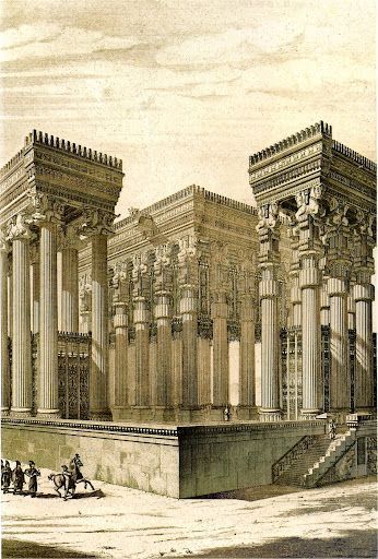 Reconstrucción ideal de la apadana del palacio de Dario. Realizada en piedra caliza gris y madera con policromías. Siglos VI-V a.C. Persépolis, actual Irán.