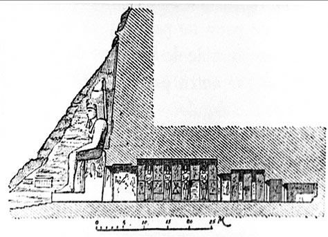 Perfil del templo hemispeo de Ramses II. Grabado.